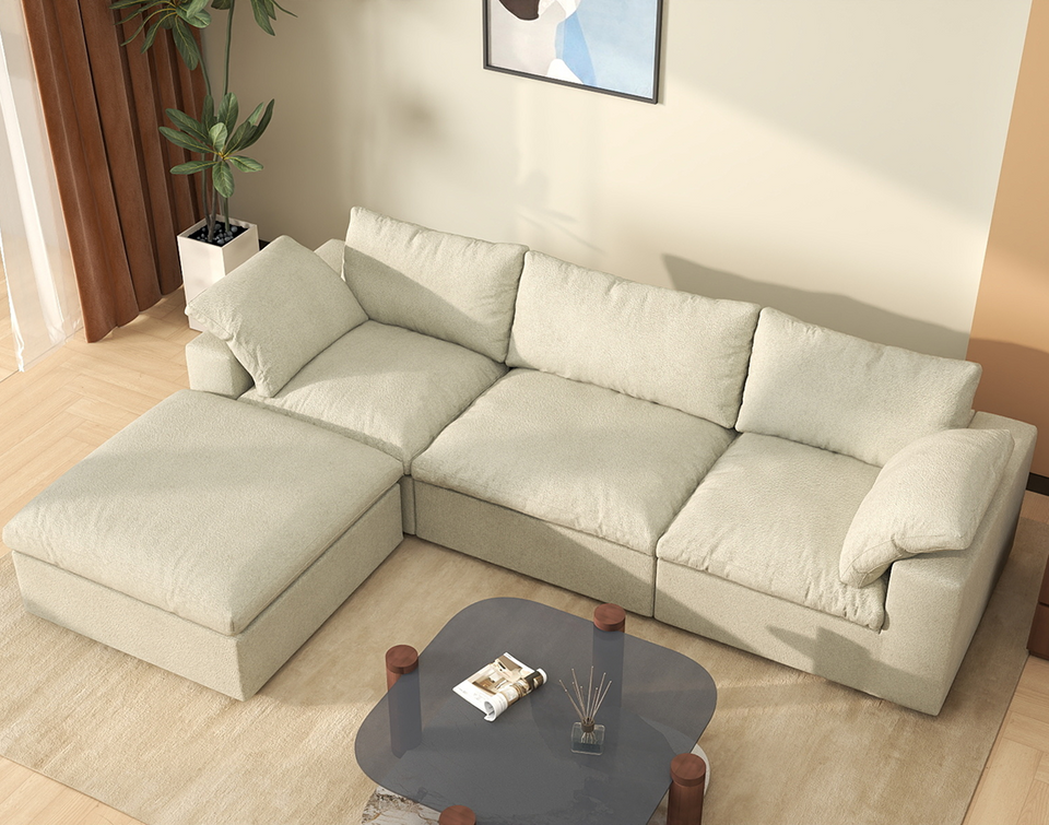 Deluxe Cloud 3-Seater Khaki Storage L-Shaped Sectional | 4-Piece (includes 1 Ottoman), Cotton and Linen Fabric, Washable Covers