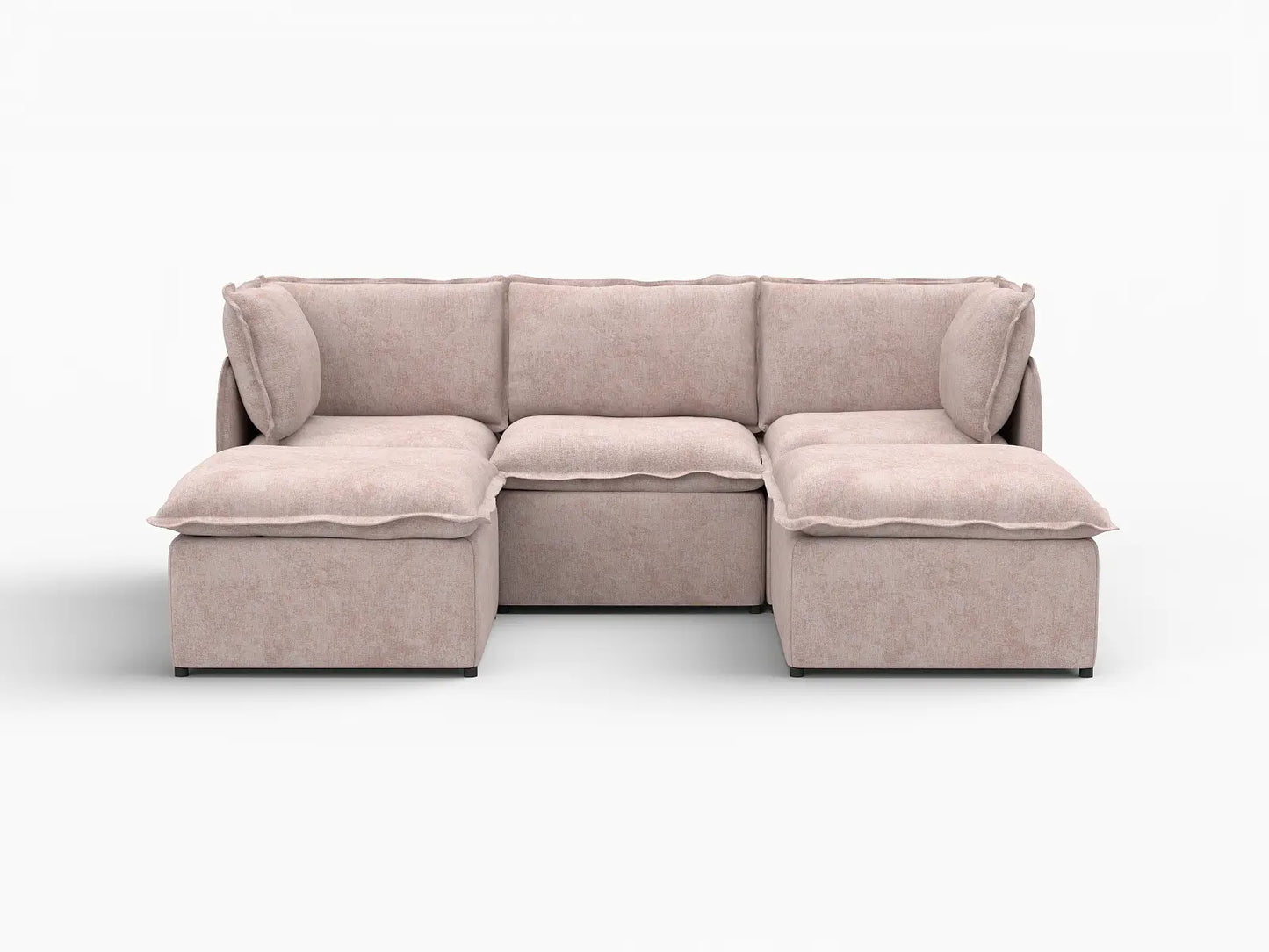 Deluxe Cloud 3-Seater Khaki U-Shaped Sectional | 5-Piece (Includes 2 Ottomans), Linen Look Poly Fabric, Washable Cushion Covers