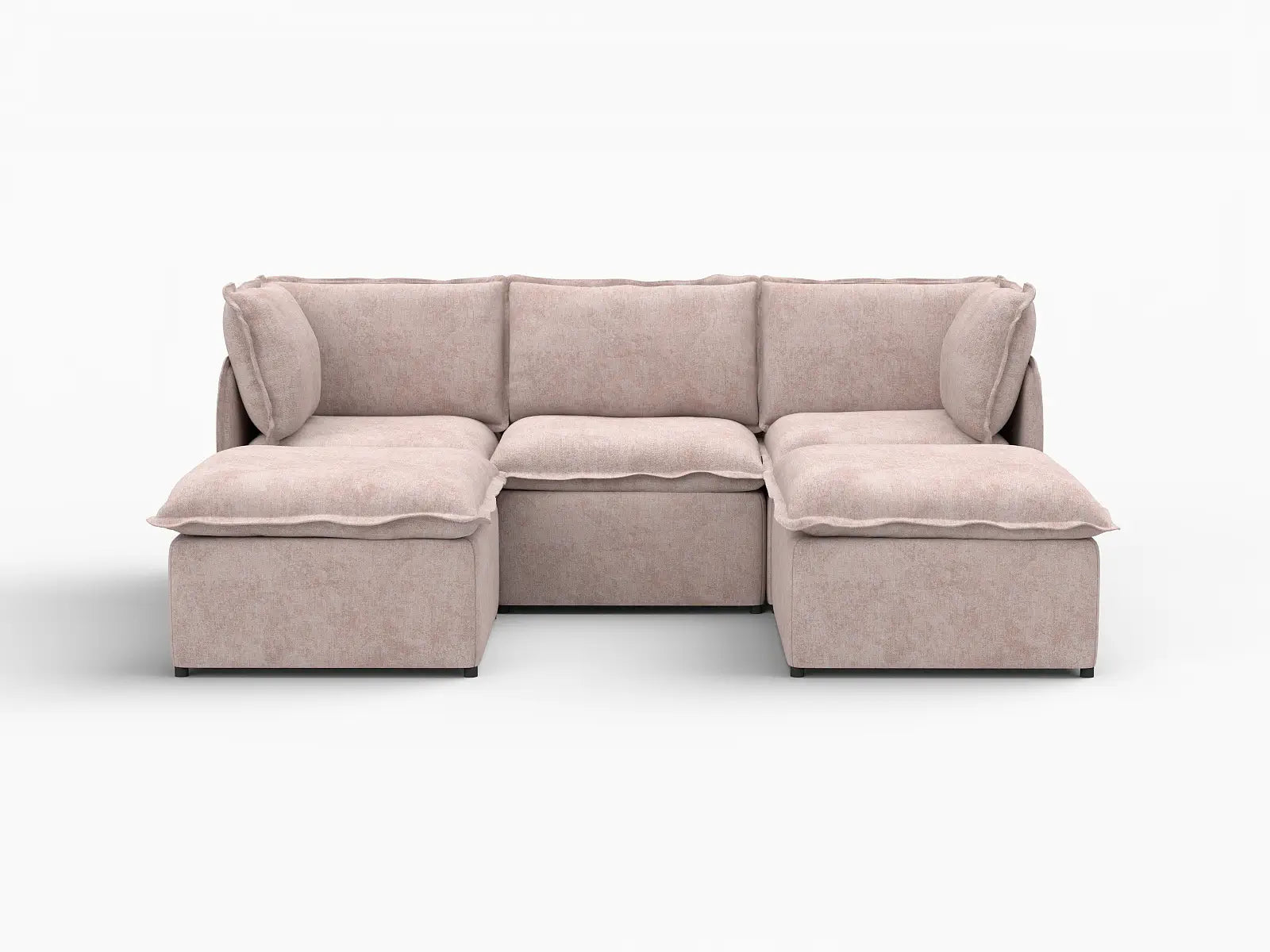 Deluxe Cloud 3-Seater Khaki U-Shaped Sectional | 5-Piece (Includes 2 Ottomans), Linen Look Poly Fabric, Washable Cushion Covers