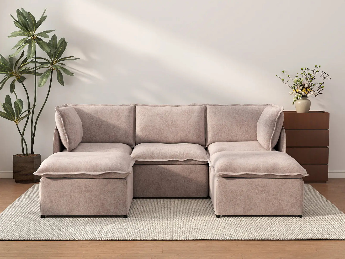 Deluxe Cloud 3-Seater Khaki U-Shaped Sectional | 5-Piece (Includes 2 Ottomans), Linen Look Poly Fabric, Washable Cushion Covers