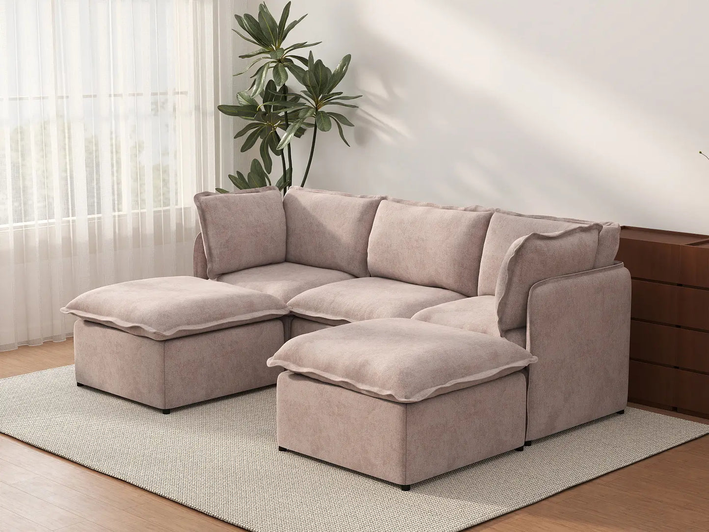 Deluxe Cloud 3-Seater Khaki U-Shaped Sectional | 5-Piece (Includes 2 Ottomans), Linen Look Poly Fabric, Washable Cushion Covers