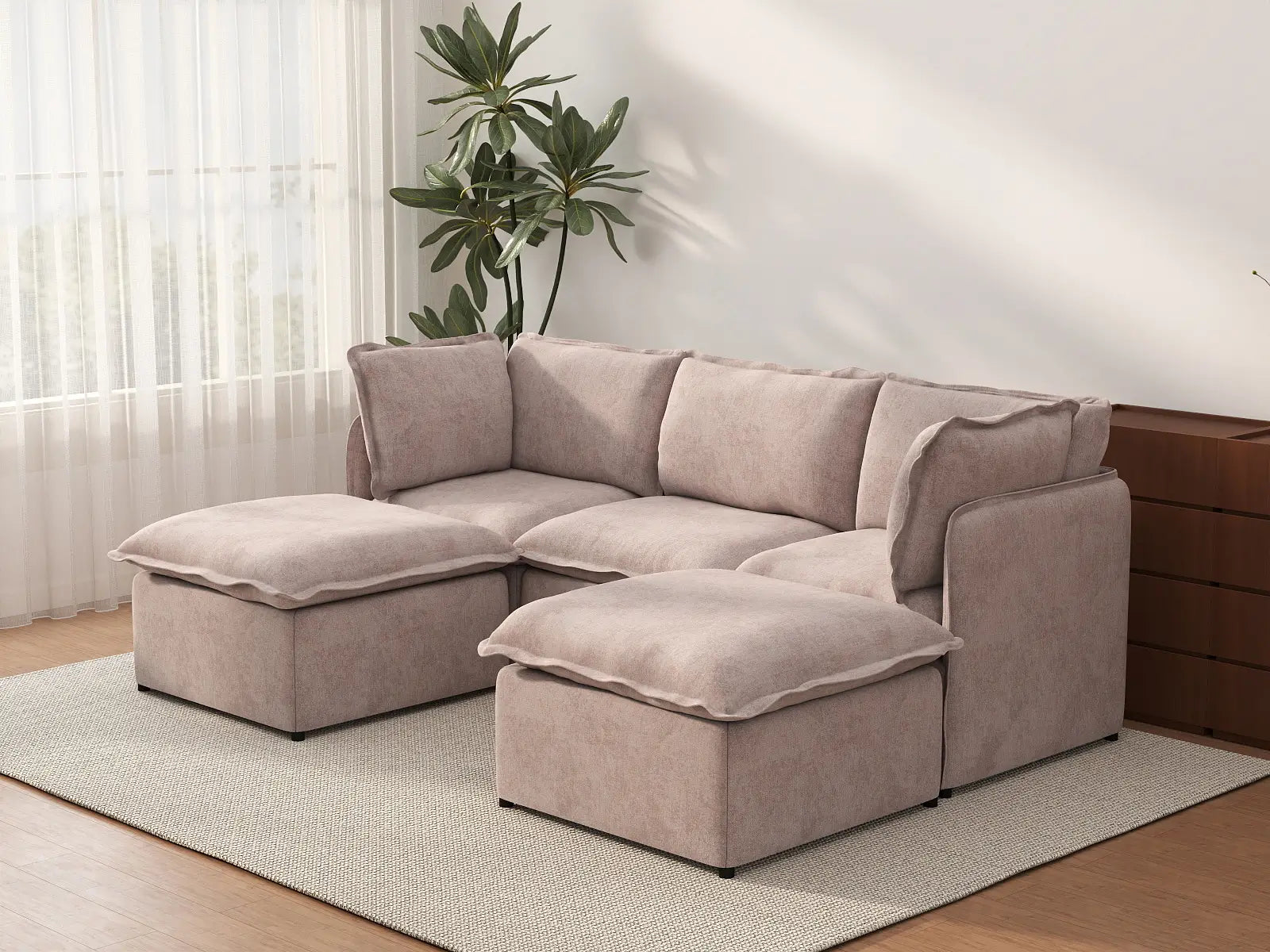 Deluxe Cloud 3-Seater Khaki U-Shaped Sectional | 5-Piece (Includes 2 Ottomans), Linen Look Poly Fabric, Washable Cushion Covers