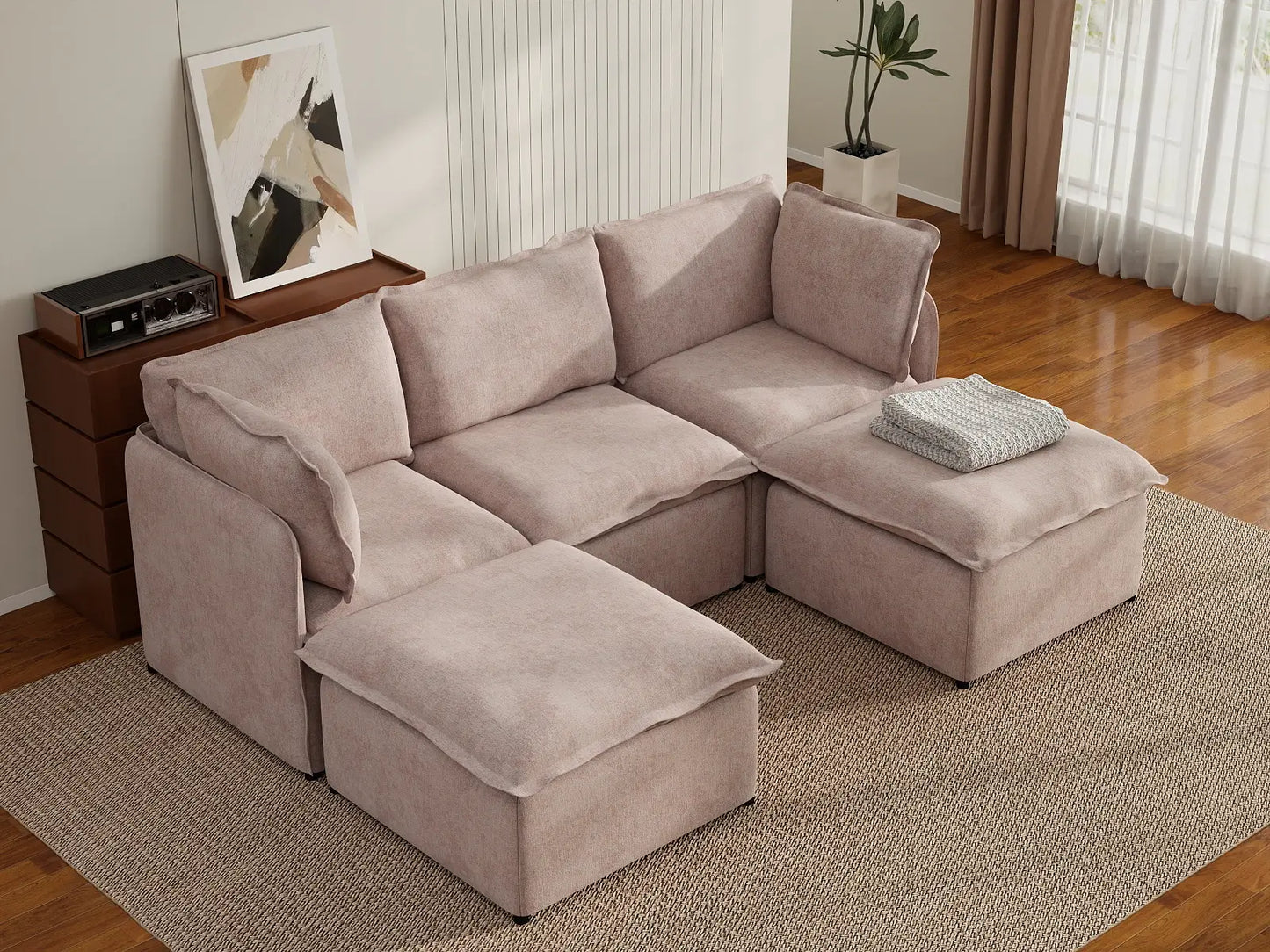 Deluxe Cloud 3-Seater Khaki U-Shaped Sectional | 5-Piece (Includes 2 Ottomans), Linen Look Poly Fabric, Washable Cushion Covers