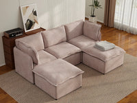 Deluxe Cloud 3-Seater Khaki U-Shaped Sectional | 5-Piece (Includes 2 Ottomans), Linen Look Poly Fabric, Washable Cushion Covers