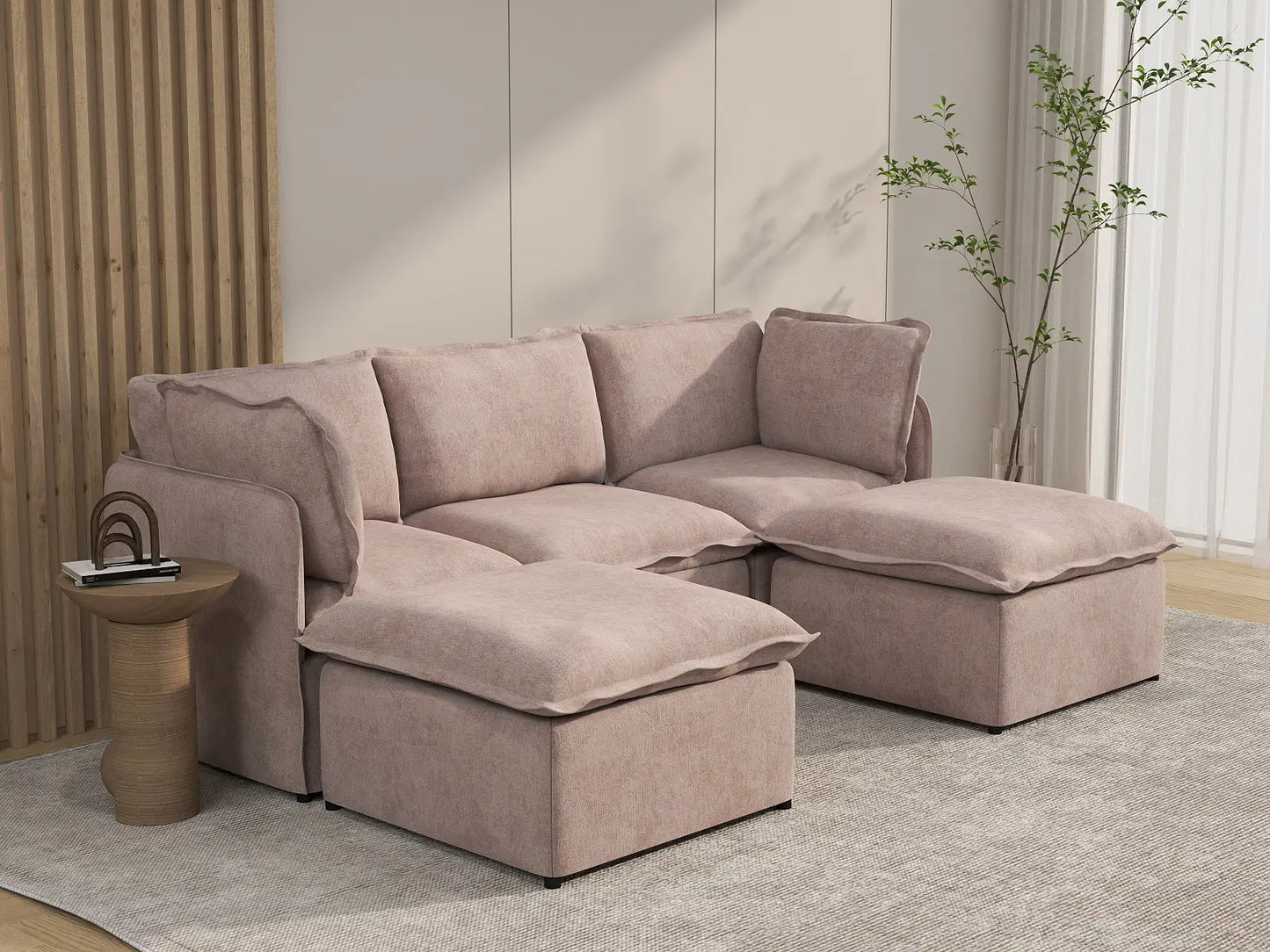 Deluxe Cloud 3-Seater Khaki U-Shaped Sectional | 5-Piece (Includes 2 Ottomans), Linen Look Poly Fabric, Washable Cushion Covers