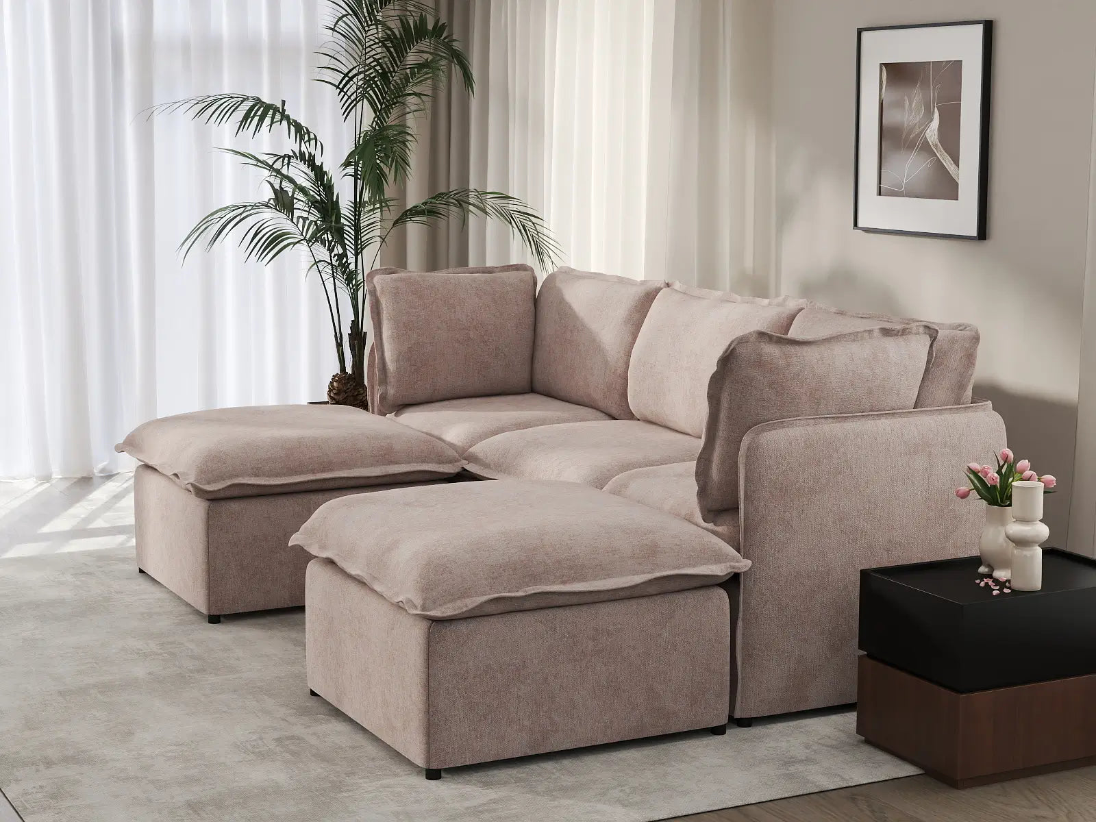 Deluxe Cloud 3-Seater Khaki U-Shaped Sectional | 5-Piece (Includes 2 Ottomans), Linen Look Poly Fabric, Washable Cushion Covers