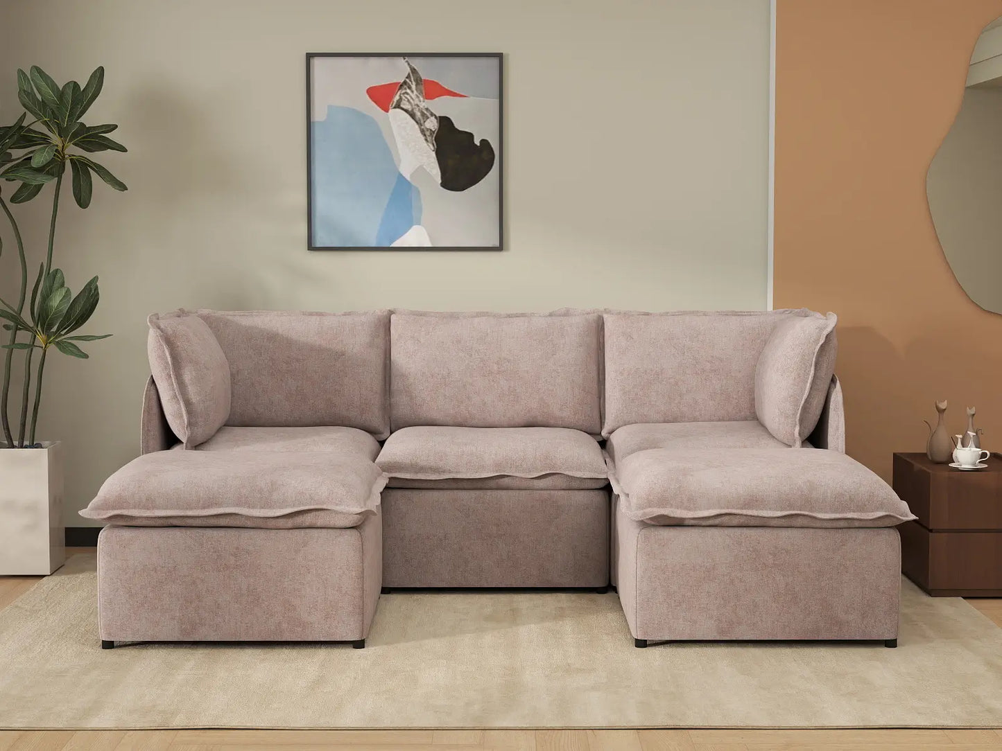 Deluxe Cloud 3-Seater Khaki U-Shaped Sectional | 5-Piece (Includes 2 Ottomans), Linen Look Poly Fabric, Washable Cushion Covers