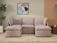 Deluxe Cloud 3-Seater Khaki U-Shaped Sectional | 5-Piece (Includes 2 Ottomans), Linen Look Poly Fabric, Washable Cushion Covers