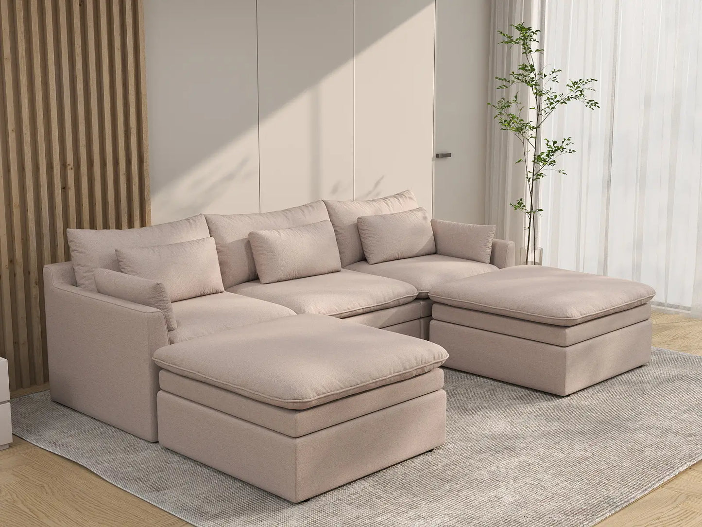 Deluxe Cloud 3-Seater Khaki U-Shaped Sectional | 5-Piece (Includes 2 Ottomans), Linen Look Poly Fabric, Washable Cushion Covers