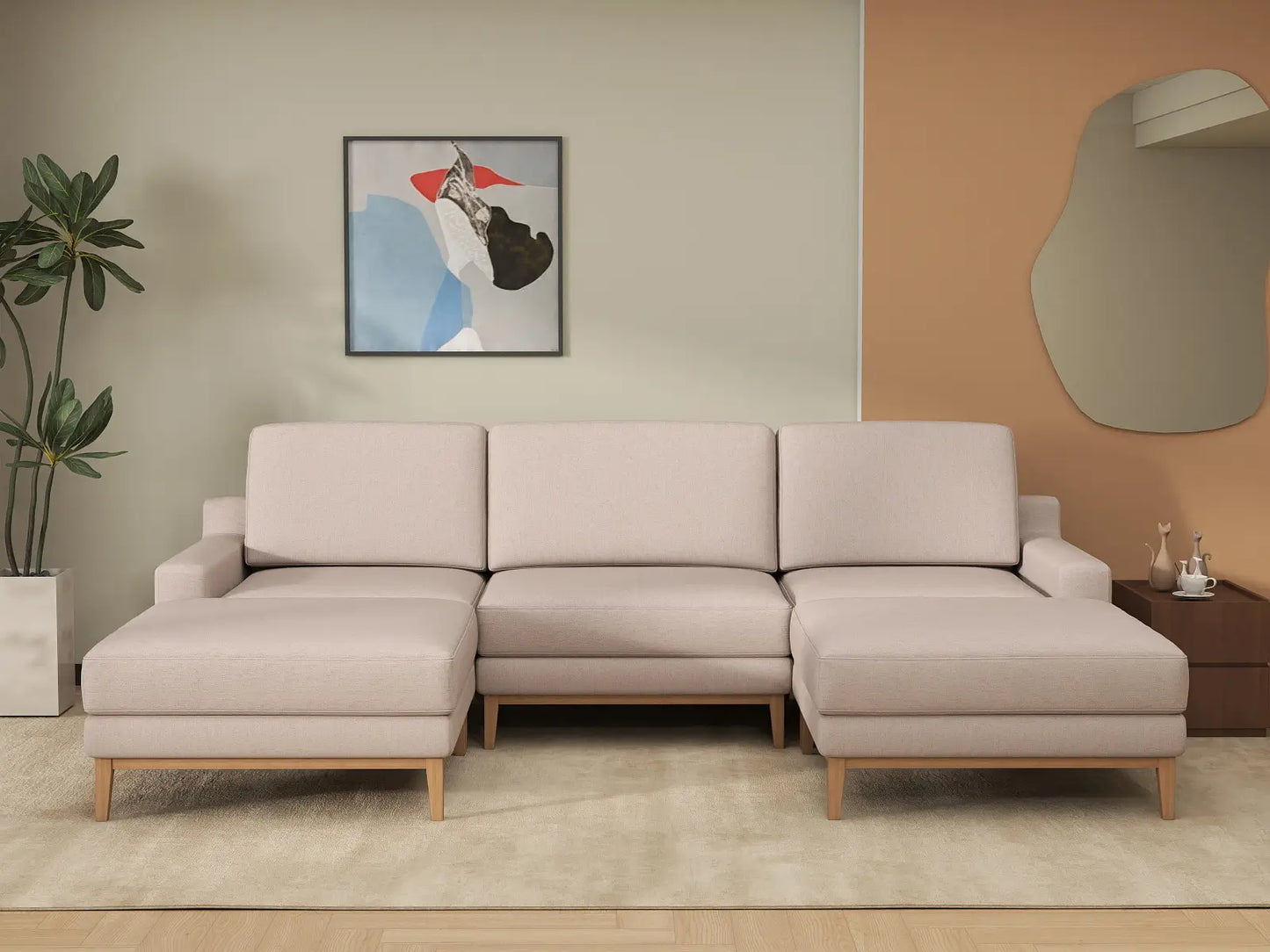 Deluxe Cloud 3-Seater Khaki U-Shaped Sectional | 5-Piece (Includes 2 Ottomans), Linen Look Poly Fabric, Washable Cushion Covers