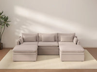Deluxe Cloud 3-Seater Khaki U-Shaped Sectional | 5-Piece (Includes 2 Ottomans), Linen Look Poly Fabric, Washable Cushion Covers