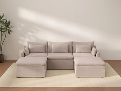 Deluxe Cloud 3-Seater Khaki U-Shaped Sectional | 5-Piece (Includes 2 Ottomans), Linen Look Poly Fabric, Washable Cushion Covers