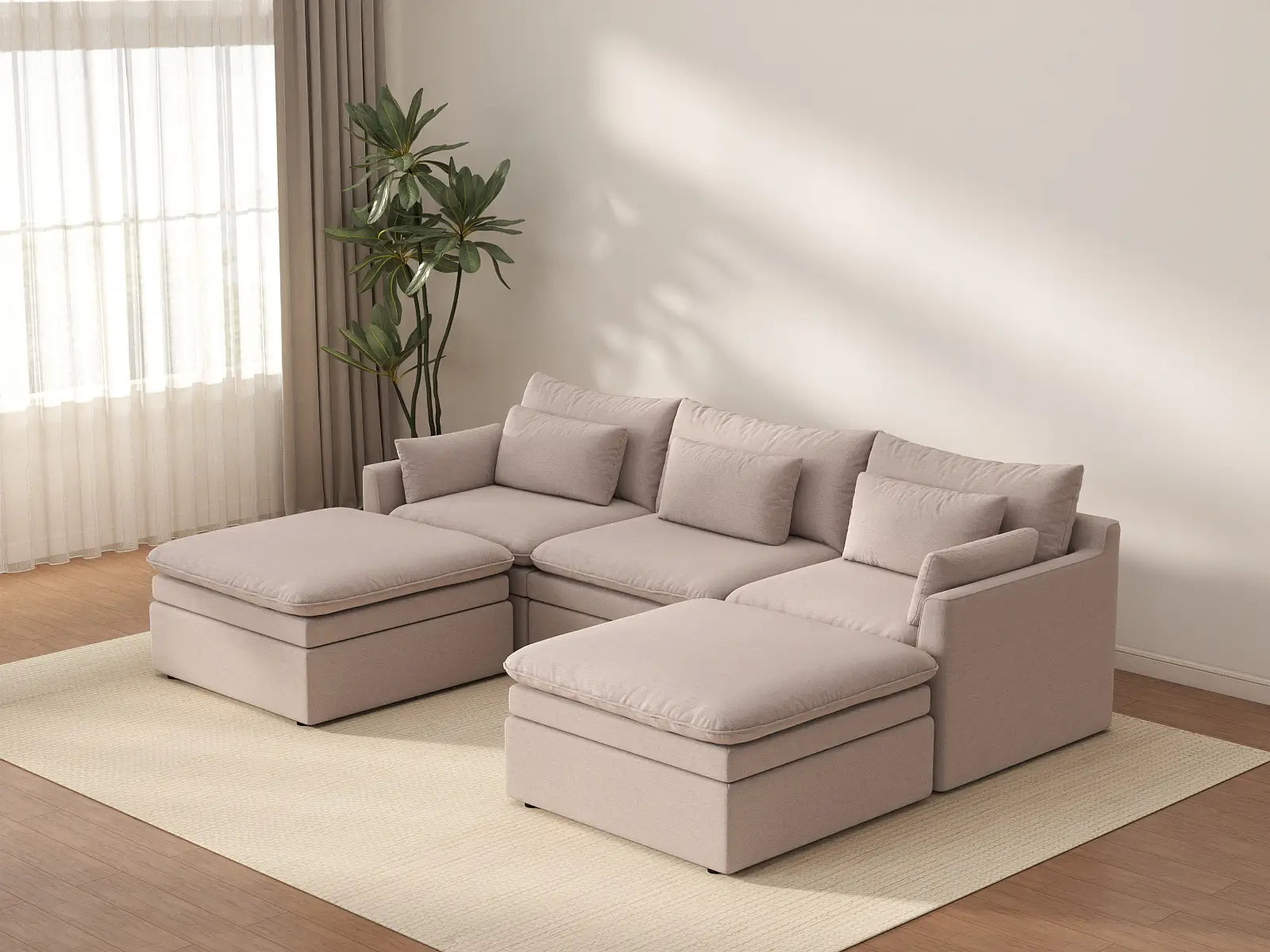 Deluxe Cloud 3-Seater Khaki U-Shaped Sectional | 5-Piece (Includes 2 Ottomans), Linen Look Poly Fabric, Washable Cushion Covers