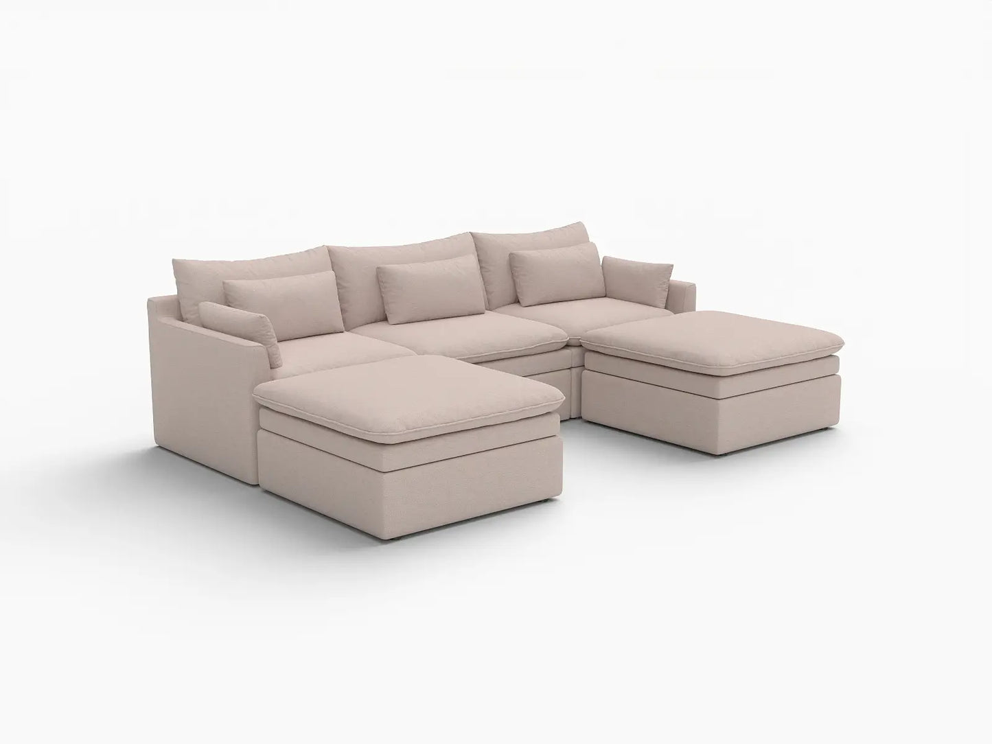 Deluxe Cloud 3-Seater Khaki U-Shaped Sectional | 5-Piece (Includes 2 Ottomans), Linen Look Poly Fabric, Washable Cushion Covers