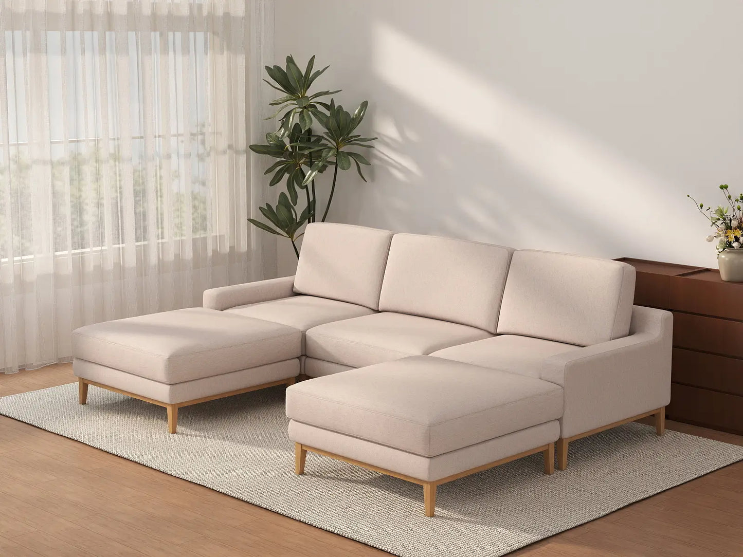Deluxe Cloud 3-Seater Khaki U-Shaped Sectional | 5-Piece (Includes 2 Ottomans), Linen Look Poly Fabric, Washable Cushion Covers