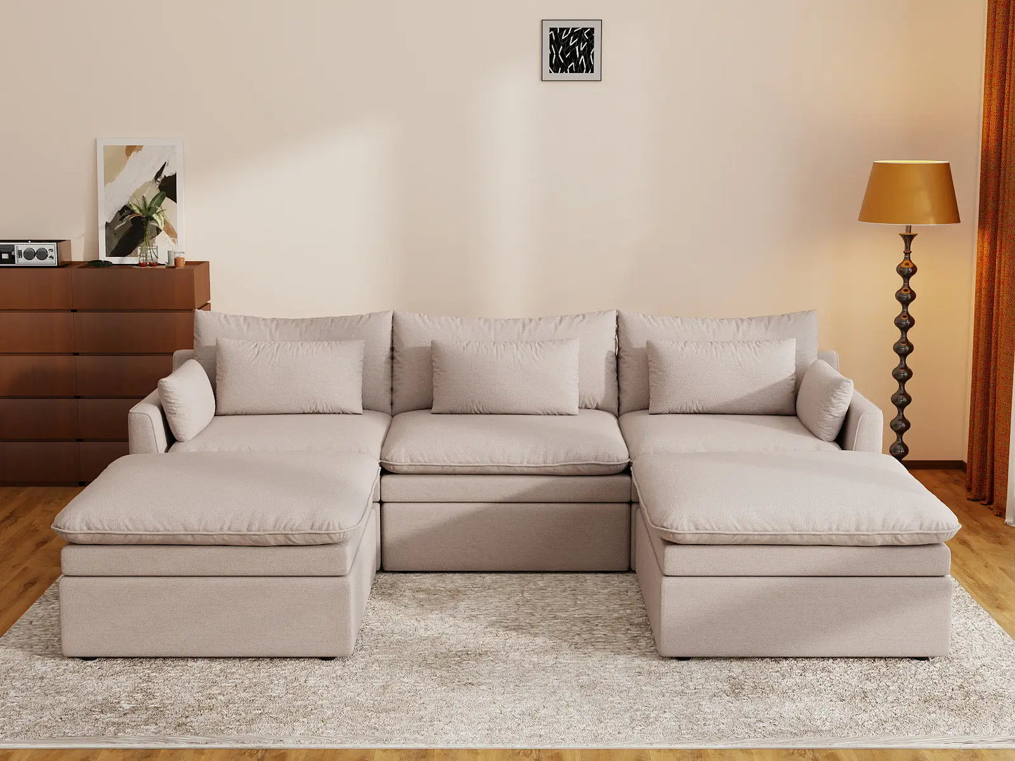 Deluxe Cloud 3-Seater Khaki U-Shaped Sectional | 5-Piece (Includes 2 Ottomans), Linen Look Poly Fabric, Washable Cushion Covers