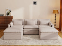 Deluxe Cloud 3-Seater Khaki U-Shaped Sectional | 5-Piece (Includes 2 Ottomans), Linen Look Poly Fabric, Washable Cushion Covers