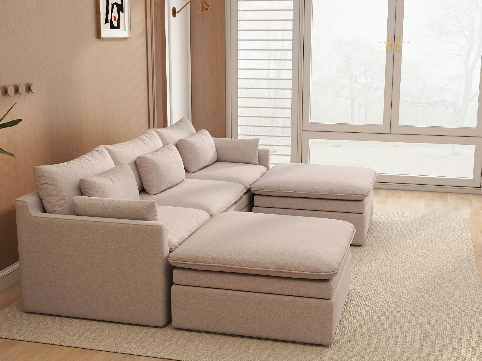 Deluxe Cloud 3-Seater Khaki U-Shaped Sectional | 5-Piece (Includes 2 Ottomans), Linen Look Poly Fabric, Washable Cushion Covers