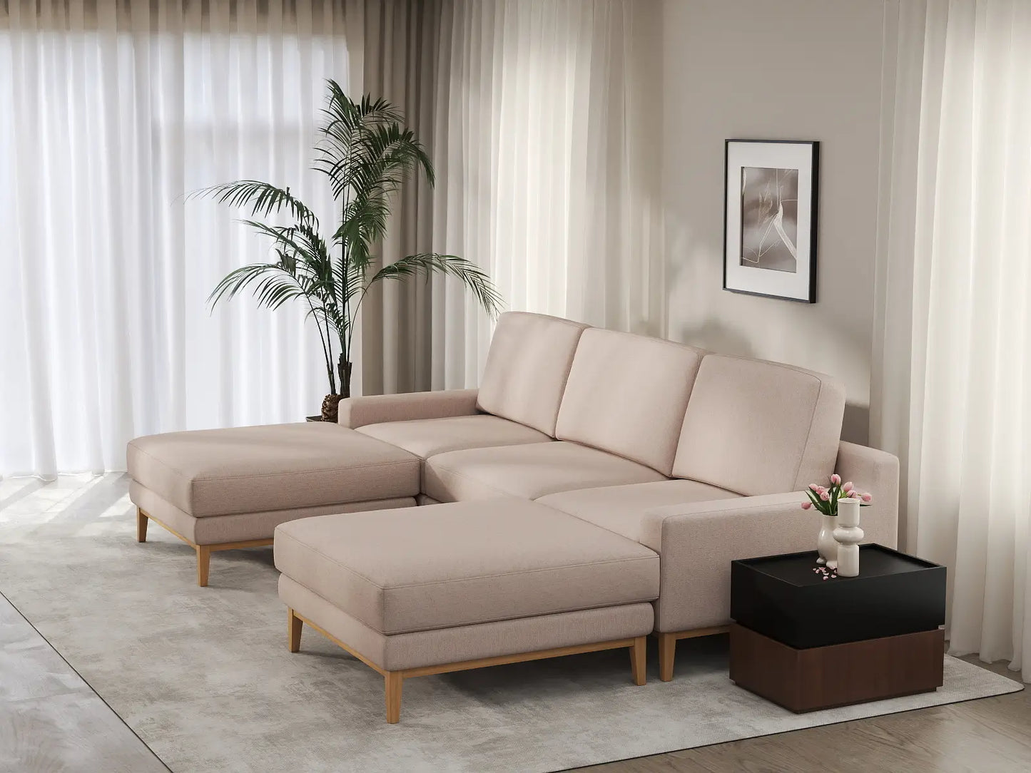 Deluxe Cloud 3-Seater Khaki U-Shaped Sectional | 5-Piece (Includes 2 Ottomans), Linen Look Poly Fabric, Washable Cushion Covers