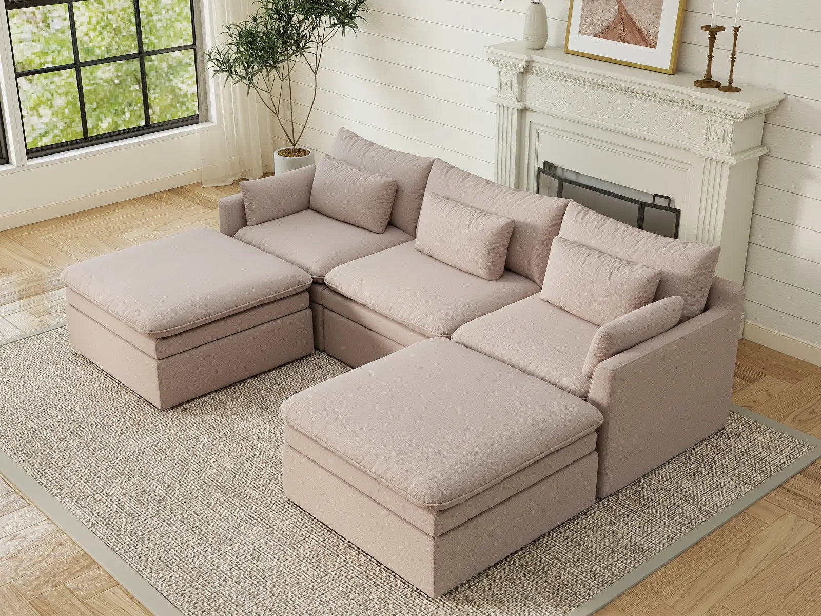 Deluxe Cloud 3-Seater Khaki U-Shaped Sectional | 5-Piece (Includes 2 Ottomans), Linen Look Poly Fabric, Washable Cushion Covers