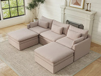 Deluxe Cloud 3-Seater Khaki U-Shaped Sectional | 5-Piece (Includes 2 Ottomans), Linen Look Poly Fabric, Washable Cushion Covers