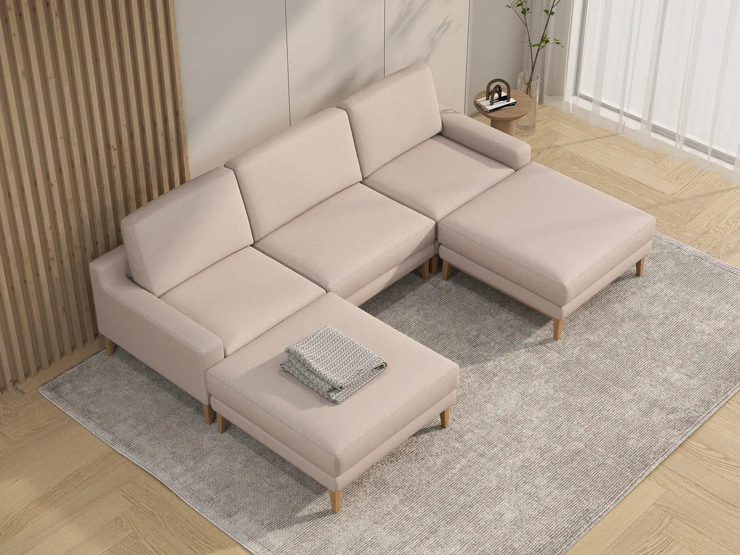 Deluxe Cloud 3-Seater Khaki U-Shaped Sectional | 5-Piece (Includes 2 Ottomans), Linen Look Poly Fabric, Washable Cushion Covers