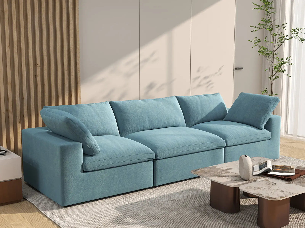 Deluxe Cloud 3-Seater Light Blue Couch Sectional | 3-Piece, Velvet Fabric, Living Room Seating, Washable Cushion Covers