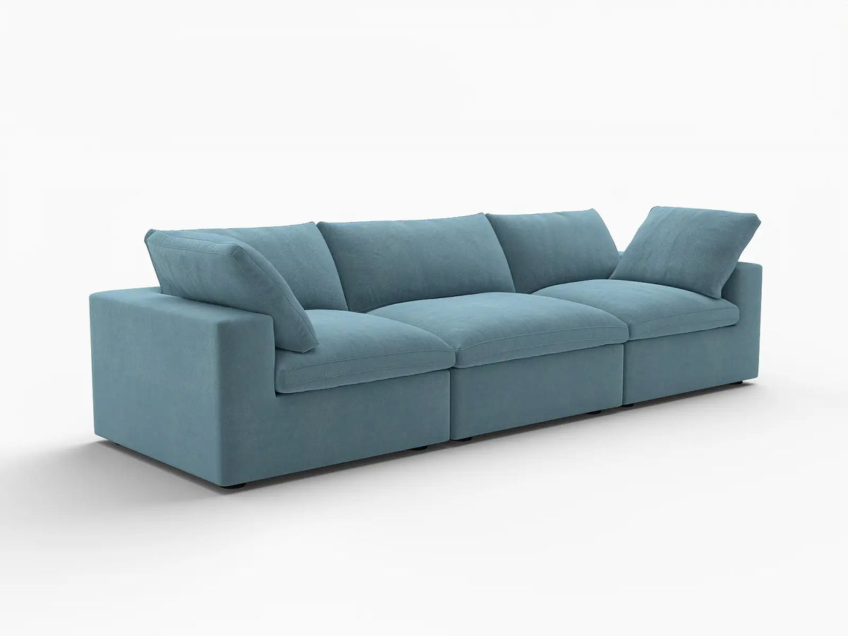 Deluxe Cloud 3-Seater Light Blue Couch Sectional | 3-Piece, Velvet Fabric, Living Room Seating, Washable Cushion Covers