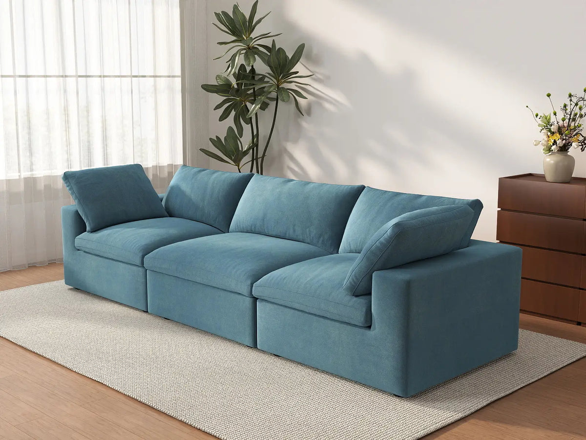 Deluxe Cloud 3-Seater Light Blue Couch Sectional | 3-Piece, Velvet Fabric, Living Room Seating, Washable Cushion Covers