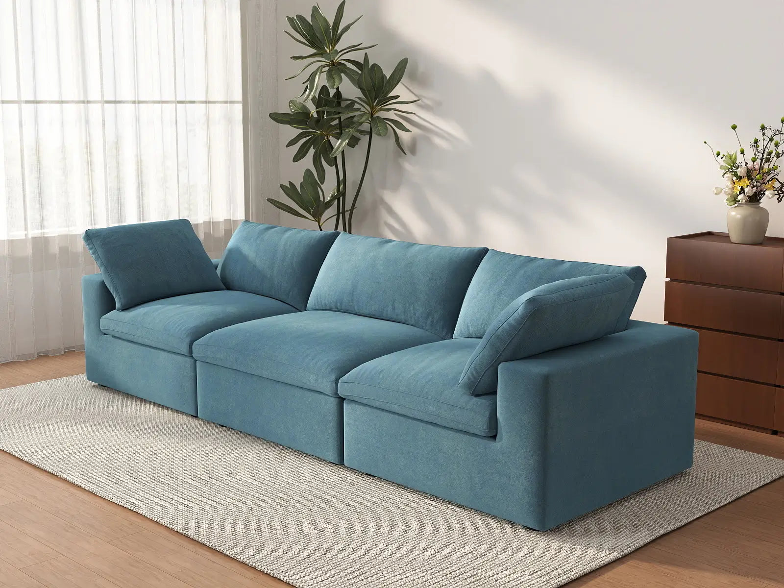 Deluxe Cloud 3-Seater Light Blue Couch Sectional | 3-Piece, Velvet Fabric, Living Room Seating, Washable Cushion Covers