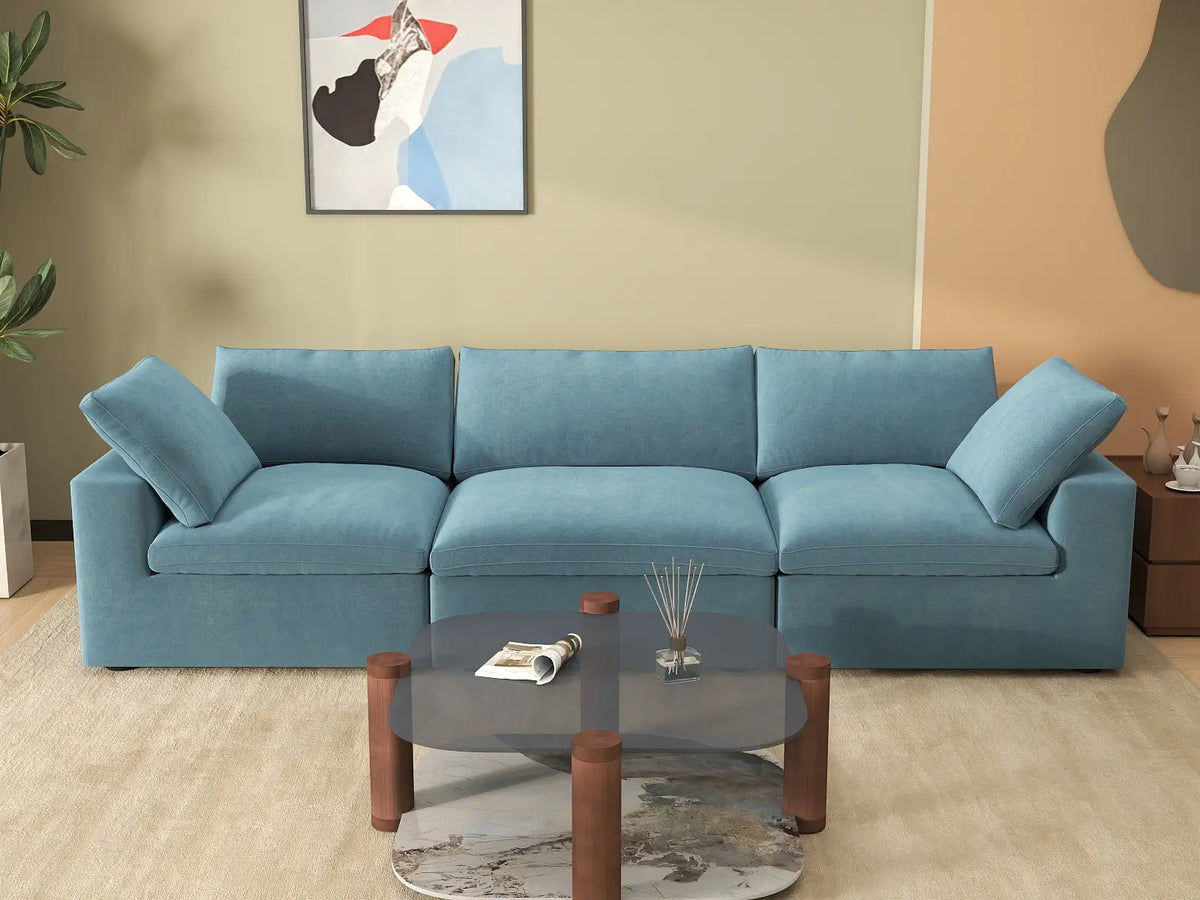 Deluxe Cloud 3-Seater Light Blue Couch Sectional | 3-Piece, Velvet Fabric, Living Room Seating, Washable Cushion Covers