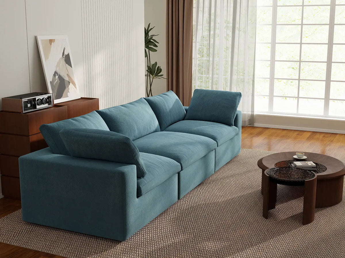 Deluxe Cloud 3-Seater Light Blue Couch Sectional | 3-Piece, Velvet Fabric, Living Room Seating, Washable Cushion Covers