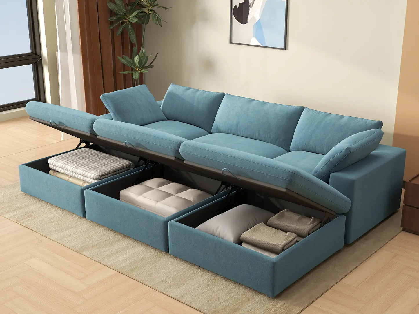 Deluxe Cloud 3-Seater Light Blue Pit Sectional | 6-Piece (Includes 3 Ottomans), Velvet Fabric, Family Room Seating, Washable Cushion Covers