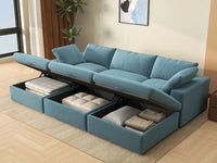 Deluxe Cloud 3-Seater Light Blue Pit Sectional | 6-Piece (Includes 3 Ottomans), Velvet Fabric, Family Room Seating, Washable Cushion Covers