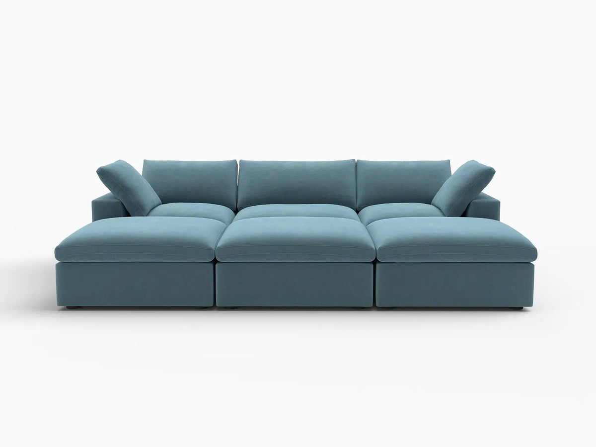 Deluxe Cloud 3-Seater Light Blue Pit Sectional | 6-Piece (Includes 3 Ottomans), Velvet Fabric, Family Room Seating, Washable Cushion Covers