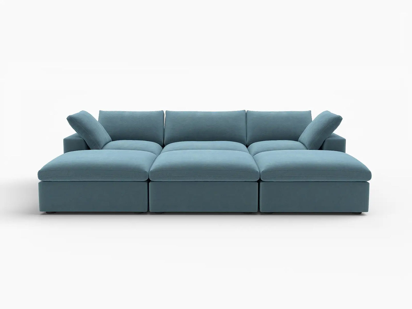 Deluxe Cloud 3-Seater Light Blue Pit Sectional | 6-Piece (Includes 3 Ottomans), Velvet Fabric, Family Room Seating, Washable Cushion Covers