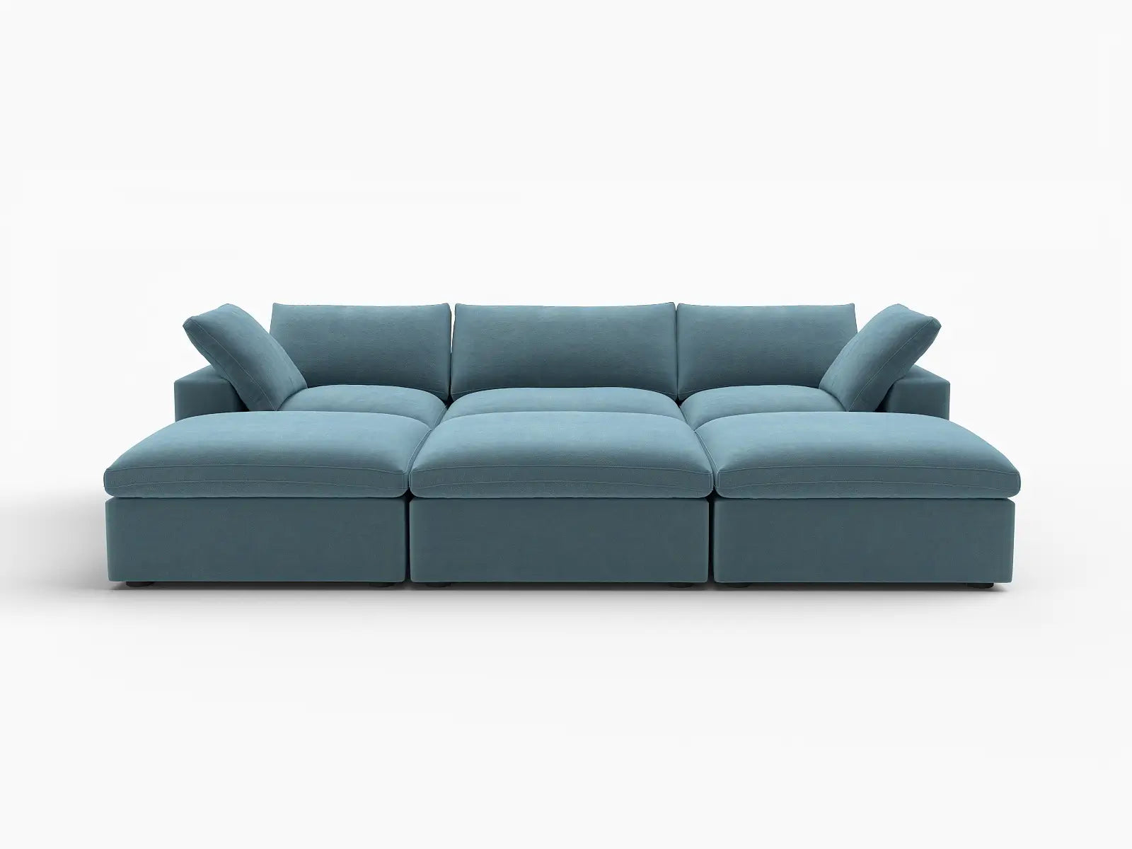 Deluxe Cloud 3-Seater Light Blue Pit Sectional | 6-Piece (Includes 3 Ottomans), Velvet Fabric, Family Room Seating, Washable Cushion Covers