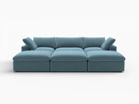 Deluxe Cloud 3-Seater Light Blue Pit Sectional | 6-Piece (Includes 3 Ottomans), Velvet Fabric, Family Room Seating, Washable Cushion Covers
