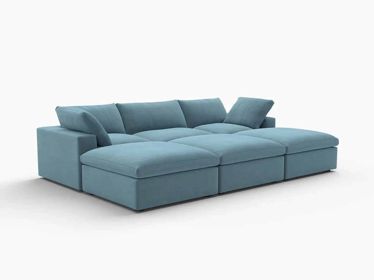 Deluxe Cloud 3-Seater Light Blue Pit Sectional | 6-Piece (Includes 3 Ottomans), Velvet Fabric, Family Room Seating, Washable Cushion Covers