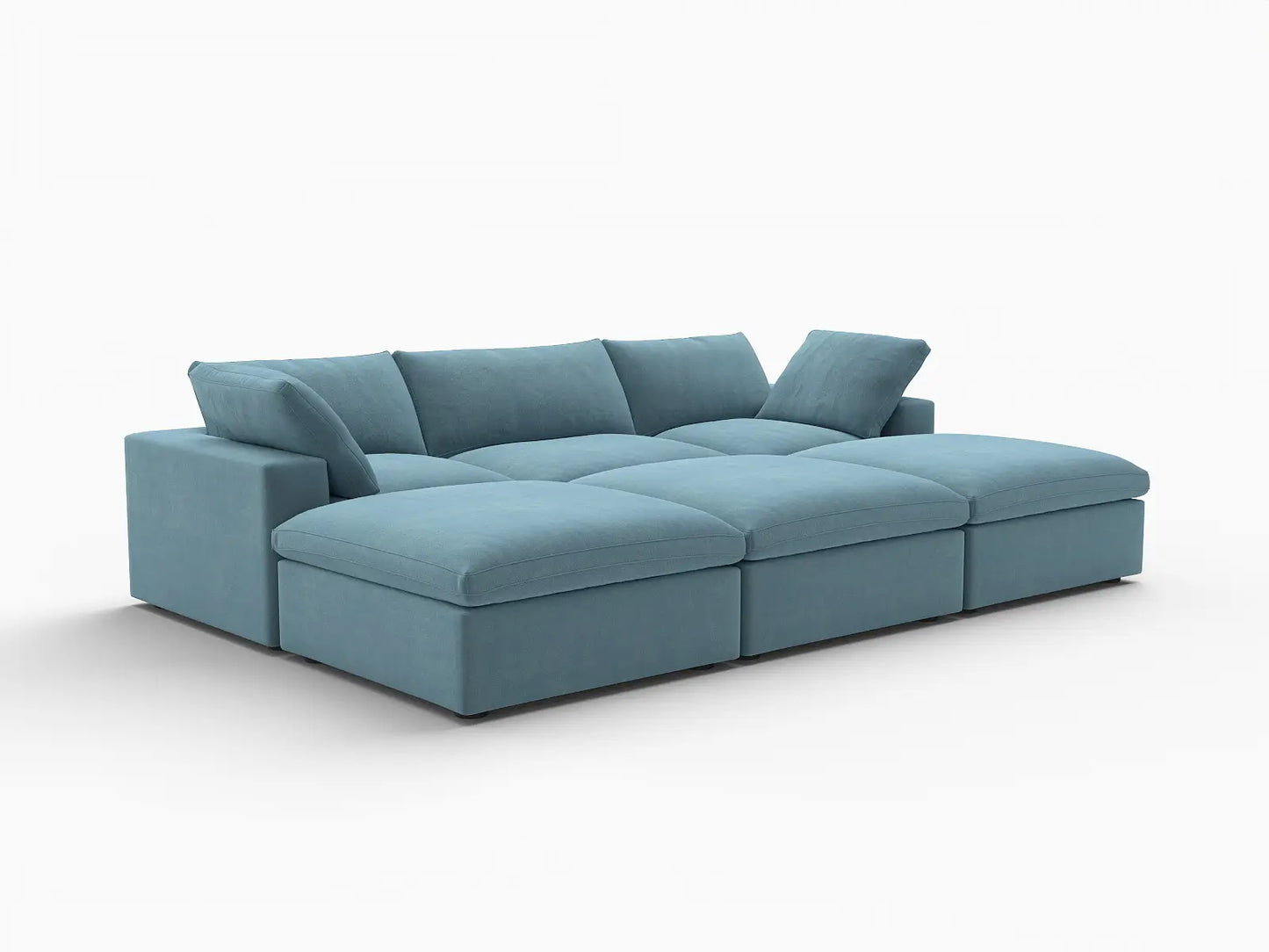 Deluxe Cloud 3-Seater Light Blue Pit Sectional | 6-Piece (Includes 3 Ottomans), Velvet Fabric, Family Room Seating, Washable Cushion Covers