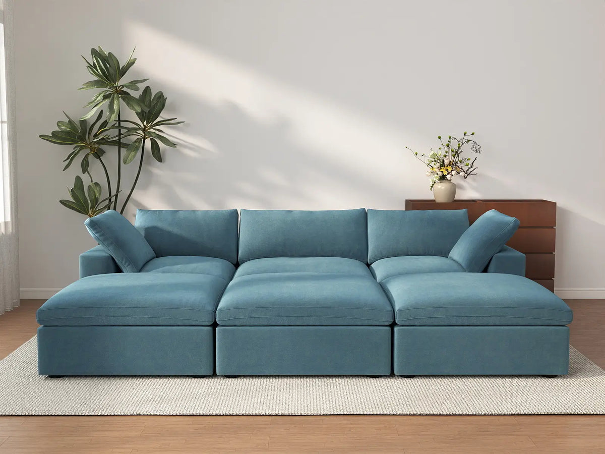 Deluxe Cloud 3-Seater Light Blue Pit Sectional | 6-Piece (Includes 3 Ottomans), Velvet Fabric, Family Room Seating, Washable Cushion Covers