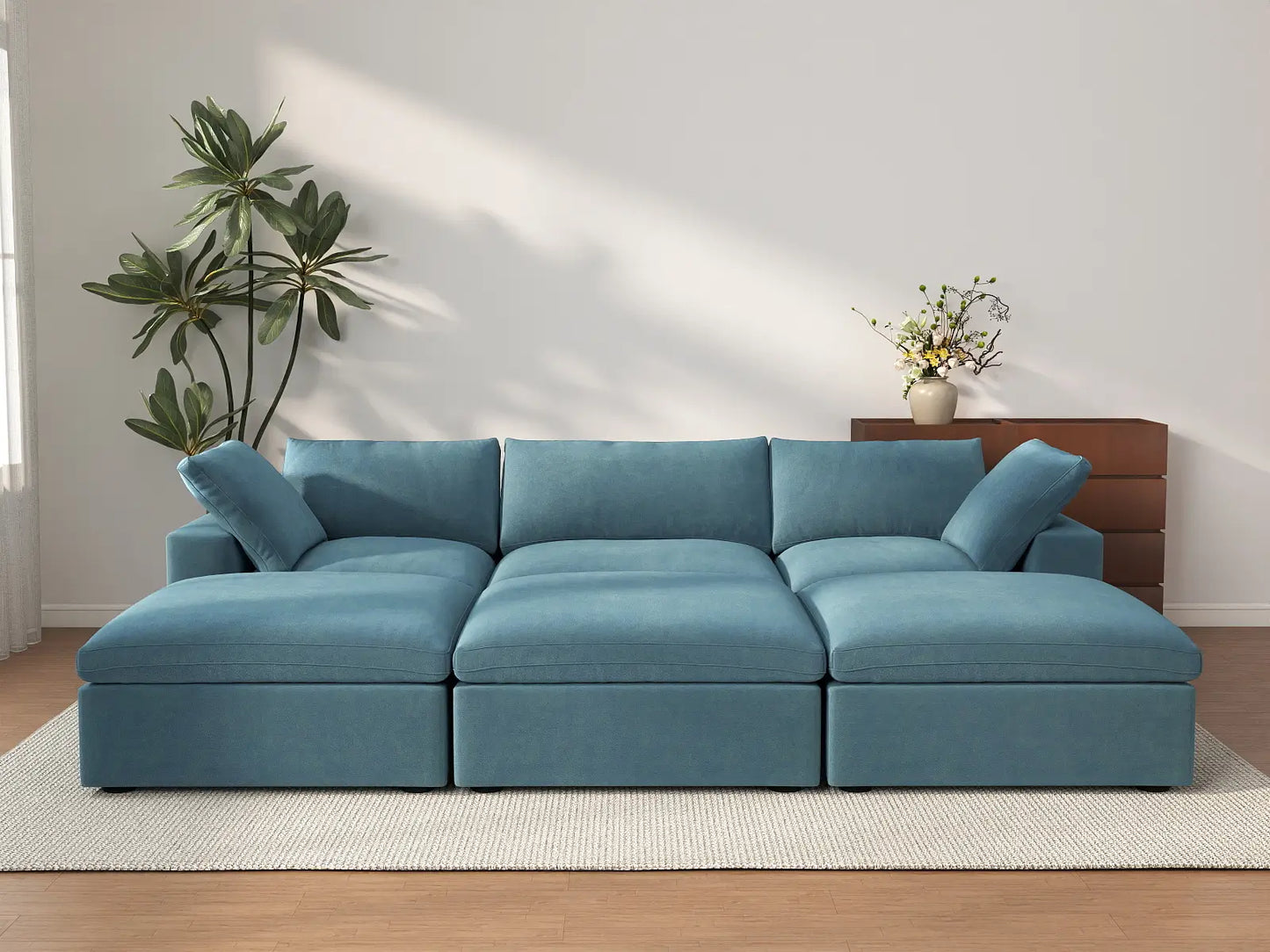 Deluxe Cloud 3-Seater Light Blue Pit Sectional | 6-Piece (Includes 3 Ottomans), Velvet Fabric, Family Room Seating, Washable Cushion Covers