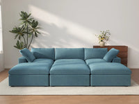 Deluxe Cloud 3-Seater Light Blue Pit Sectional | 6-Piece (Includes 3 Ottomans), Velvet Fabric, Family Room Seating, Washable Cushion Covers