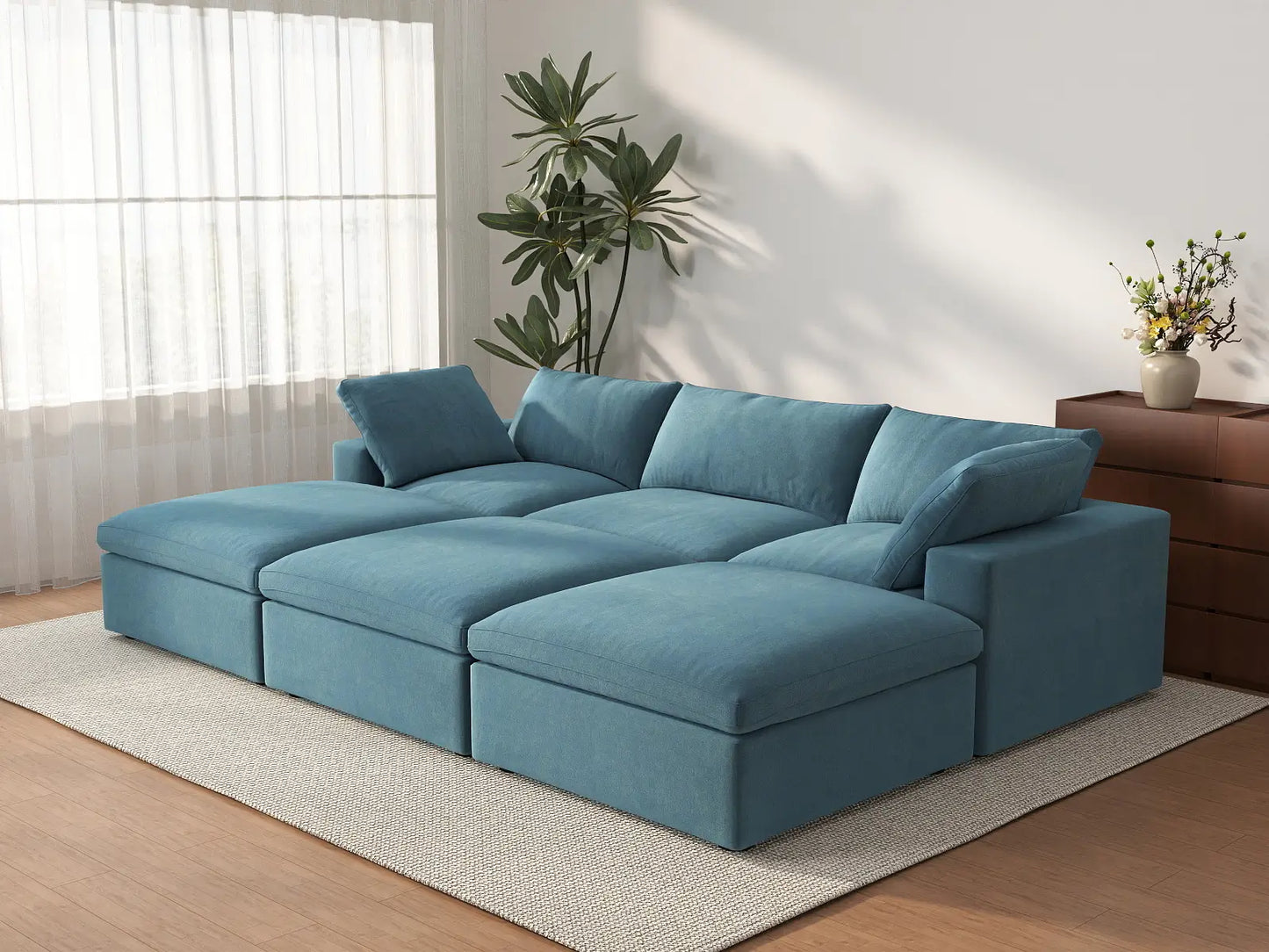 Deluxe Cloud 3-Seater Light Blue Pit Sectional | 6-Piece (Includes 3 Ottomans), Velvet Fabric, Family Room Seating, Washable Cushion Covers