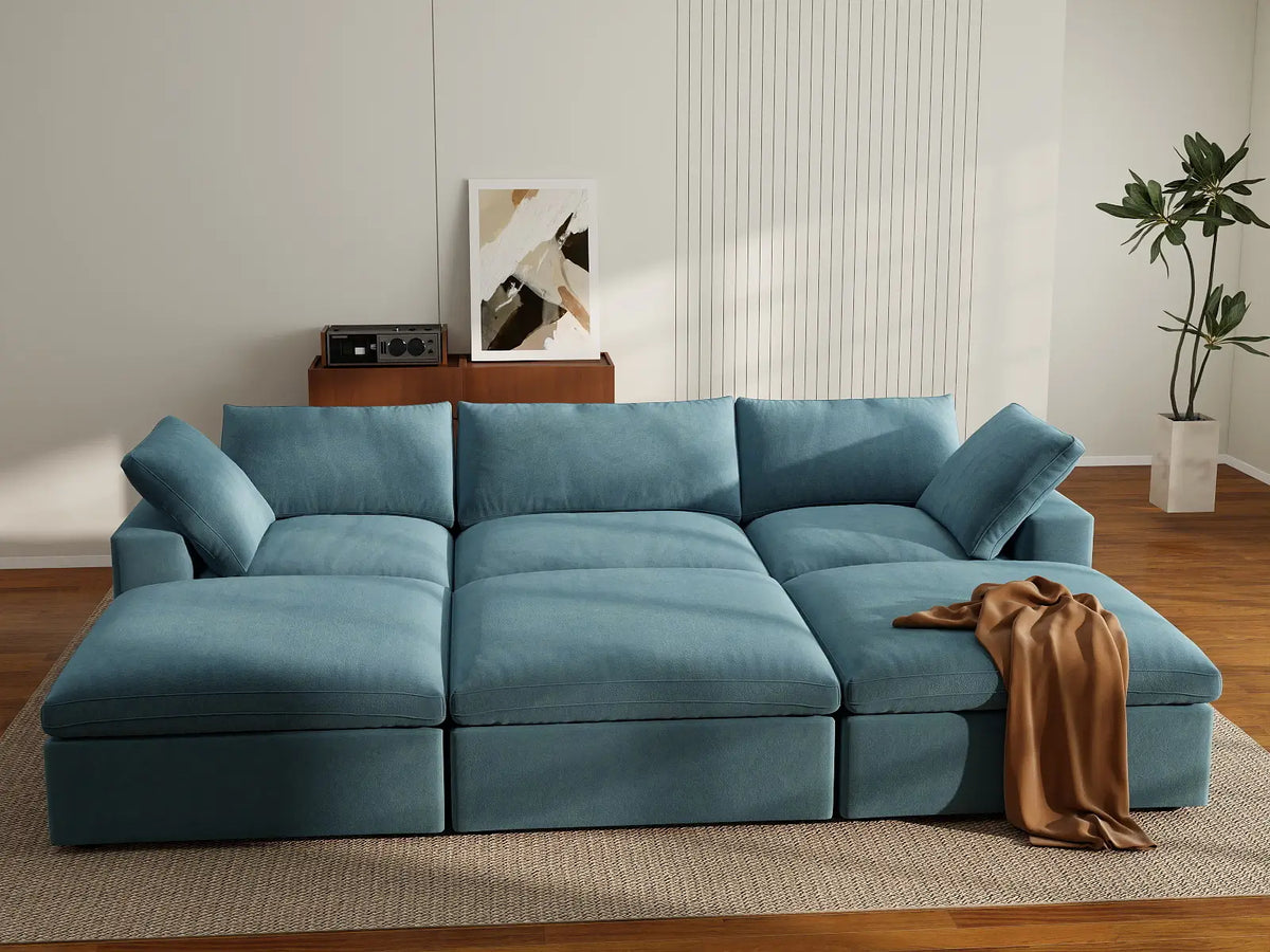 Deluxe Cloud 3-Seater Light Blue Pit Sectional | 6-Piece (Includes 3 Ottomans), Velvet Fabric, Family Room Seating, Washable Cushion Covers
