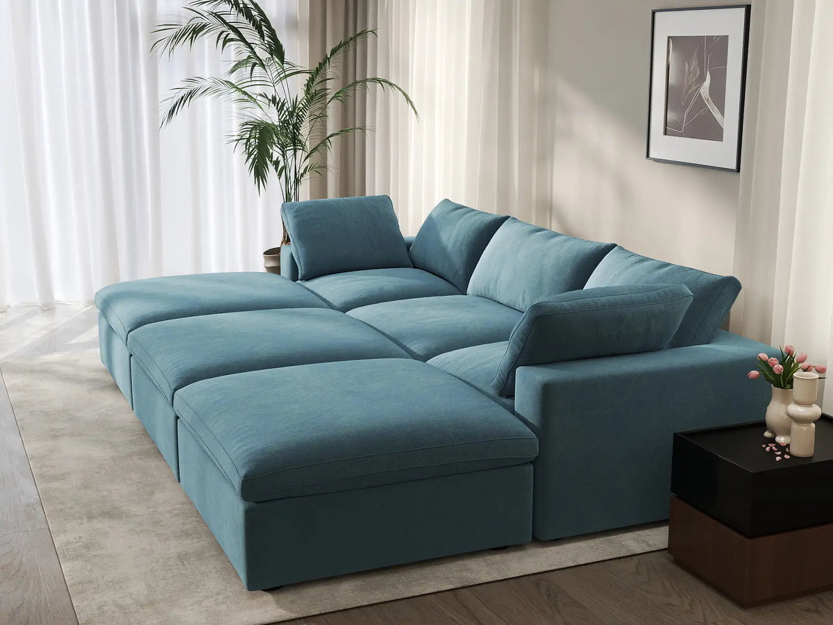 Deluxe Cloud 3-Seater Light Blue Pit Sectional | 6-Piece (Includes 3 Ottomans), Velvet Fabric, Family Room Seating, Washable Cushion Covers