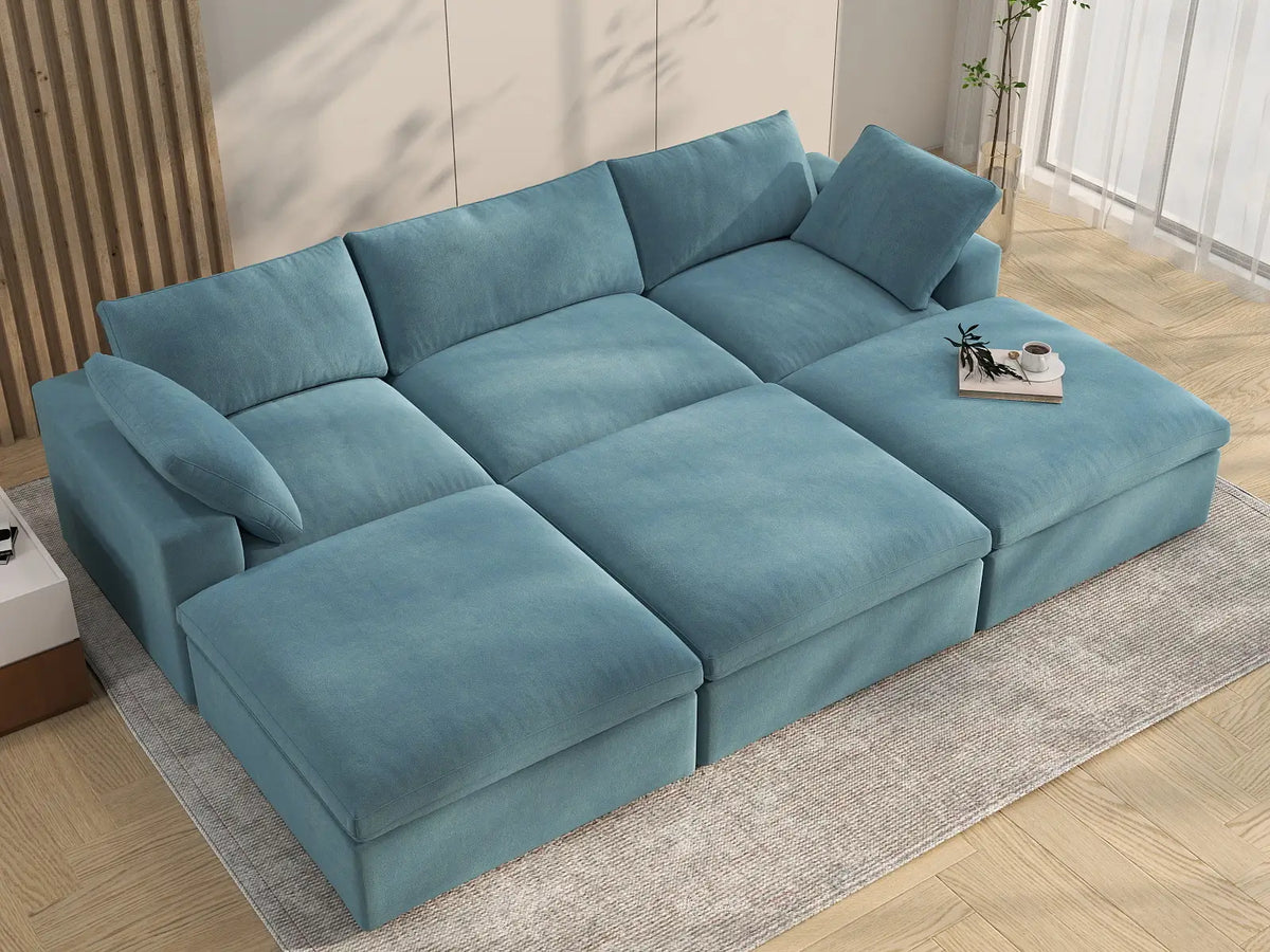 Deluxe Cloud 3-Seater Light Blue Pit Sectional | 6-Piece (Includes 3 Ottomans), Velvet Fabric, Family Room Seating, Washable Cushion Covers