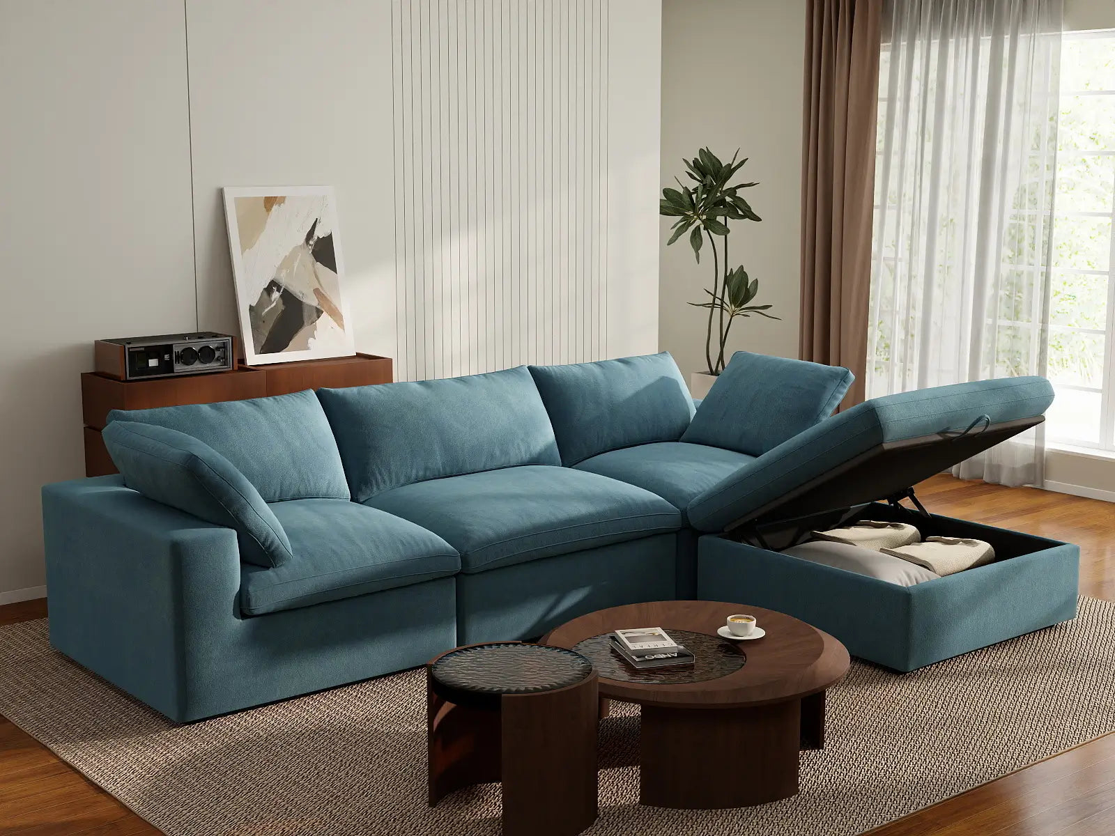 Deluxe Cloud 3-Seater Light Blue Sofa Set | 4-Piece (Includes 1 Ottoman), Velvet Fabric, Washable Cushion Covers