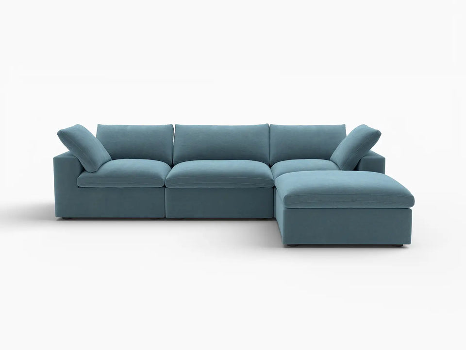 Deluxe Cloud 3-Seater Light Blue Sofa Set | 4-Piece (Includes 1 Ottoman), Velvet Fabric, Washable Cushion Covers