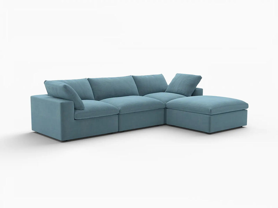 Deluxe Cloud 3-Seater Light Blue Sofa Set | 4-Piece (Includes 1 Ottoman), Velvet Fabric, Washable Cushion Covers